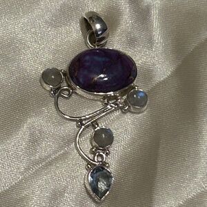 Purple Mohjave, Moonstone, and Blue Topaz Delicate Sterling Silver Swirl Pendant